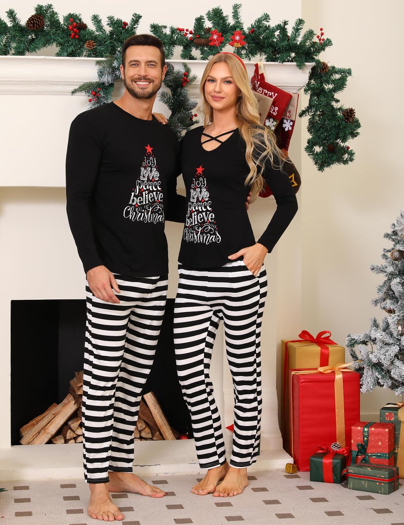 iClosam Matching Family Pajamas Set Striped Christmas Pajamas Sleepwear Dad Mom PJs Black - Image 4
